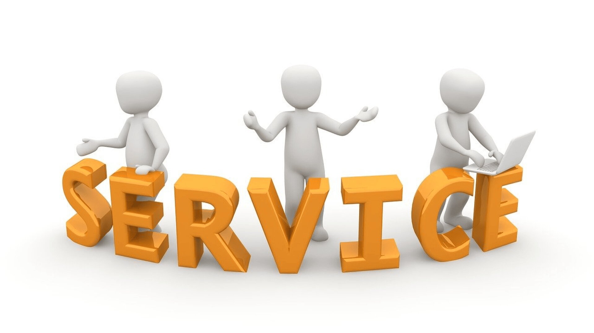 Drei weiße 3D-Stickfiguren stehen hinter großen orangefarbenen Buchstaben mit der Aufschrift SERVICE. Eines tippt auf einem Laptop, eines gestikuliert mit offenen Armen, und eines hält den Buchstaben S. Der Hintergrund ist weiß.