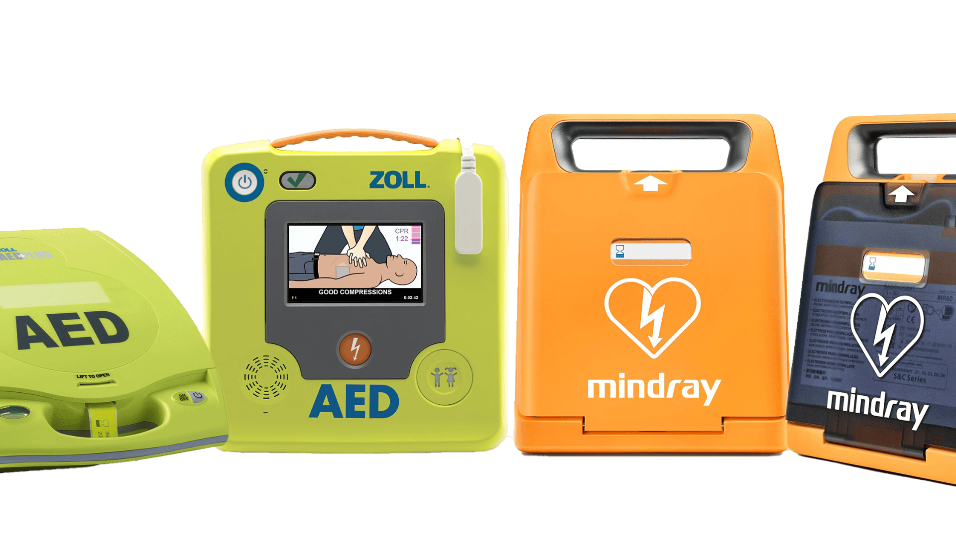 Vier automatisierte externe Defibrillatoren (AEDs) werden nebeneinander in leuchtenden Grün-, Gelb- und Orangetönen gezeigt, mit digitalen Bildschirmen und deutlichen AED- oder Markenetiketten auf der Vorderseite.