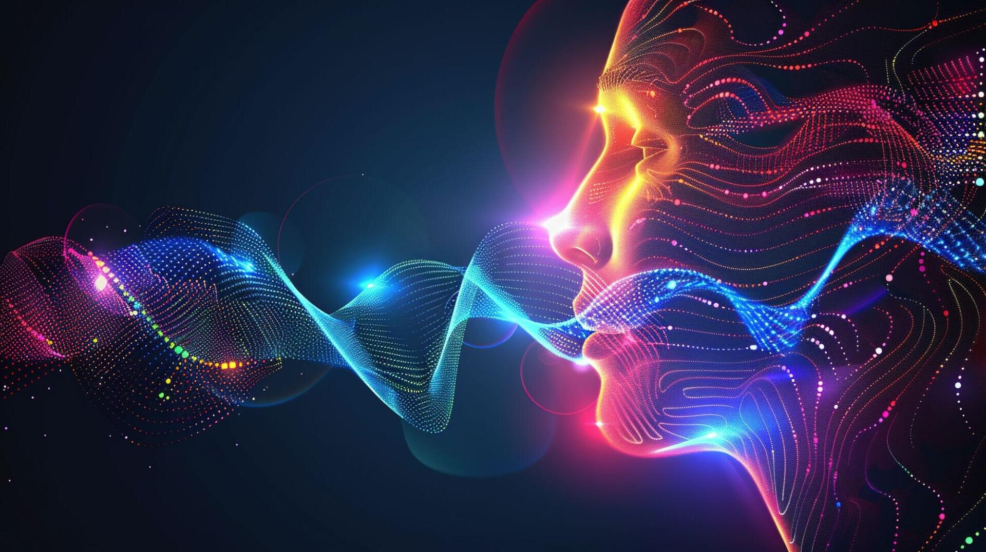 Eine farbenfrohe digitale Illustration eines menschlichen Gesichts im Profil, bestehend aus leuchtenden Linien und Punkten, scheint vor einem dunklen Hintergrund eine wirbelnde, lebhafte Welle aus Licht und Energie auszustoßen oder mit ihr zu interagieren.
