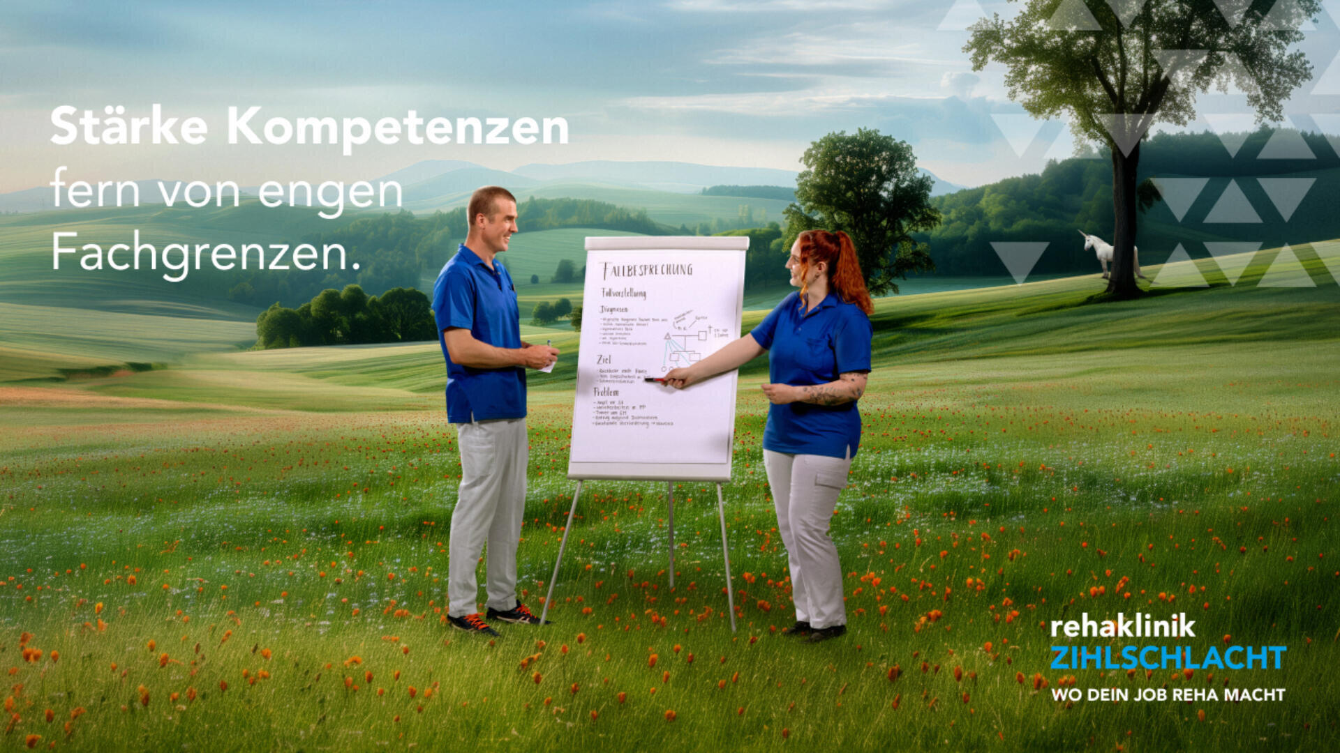 Zwei medizinische Fachkräfte in blauen Uniformen stehen auf einer grünen Wiese mit Bergen im Hintergrund und besprechen Notizen auf einem Flipchart. Der Text auf Deutsch wirbt für die umfassenden Kompetenzen der Rehaklinik Zihlschlacht.