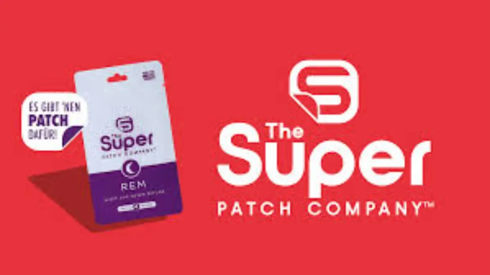 Eine Produktverpackung mit der Aufschrift Super Patch REM wird auf rotem Hintergrund neben einem großen weißen Text mit der Aufschrift The Super Patch Company und einem stilisierten S-Logo gezeigt. Eine Sprechblase sagt: ES GIBT NEN PATCH DAFÜR.