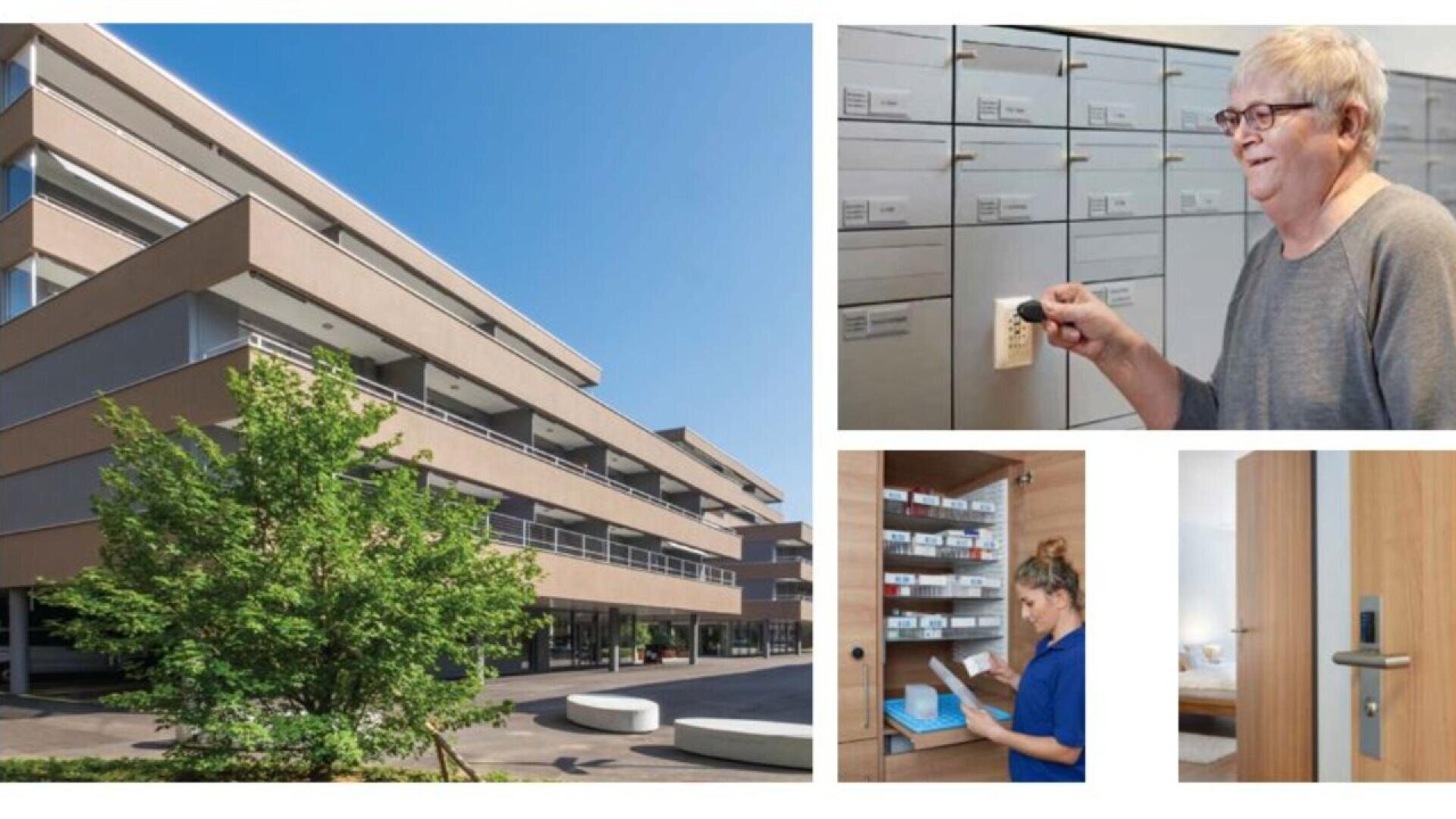 Un immeuble d'habitation moderne à plusieurs étages, une femme vérifiant une boîte aux lettres, une infirmière gérant des médicaments dans une salle de stockage, et une porte partiellement ouverte menant à une simple chambre à coucher.