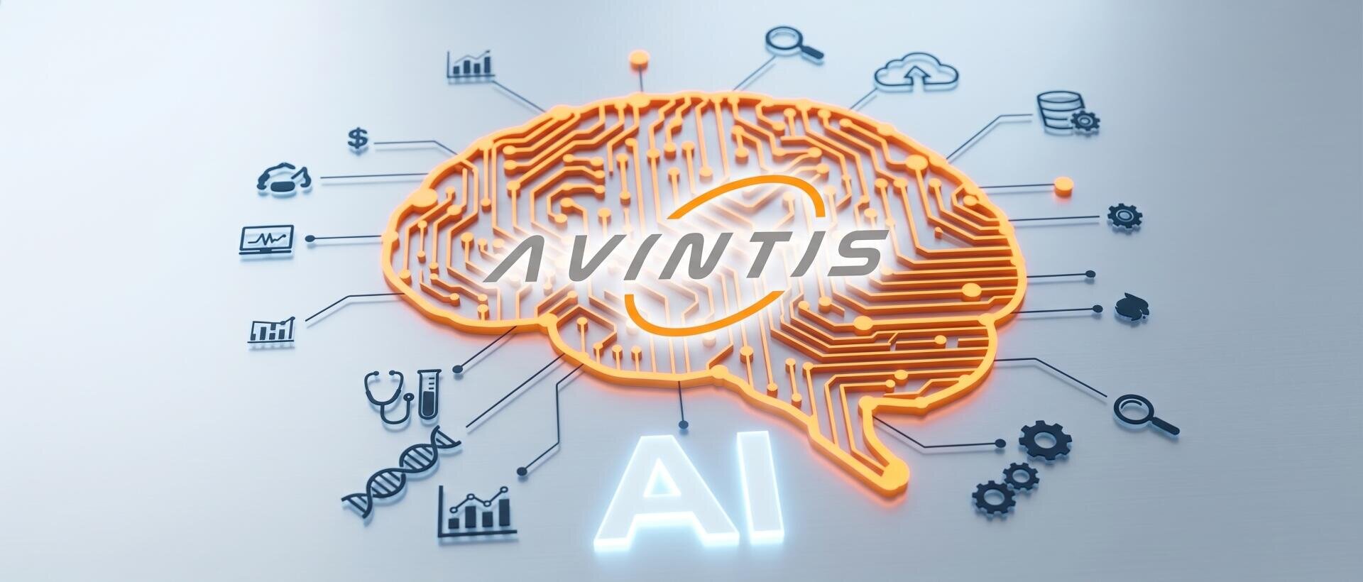 Eine neonorangefarbene Gehirngrafik mit elektronischen Linien, umgeben von Symbolen aus den Bereichen Technik und Wissenschaft; über dem Gehirn steht der Schriftzug „AVINTIS“, und darunter leuchtet „AI“ auf silbernem Hintergrund.