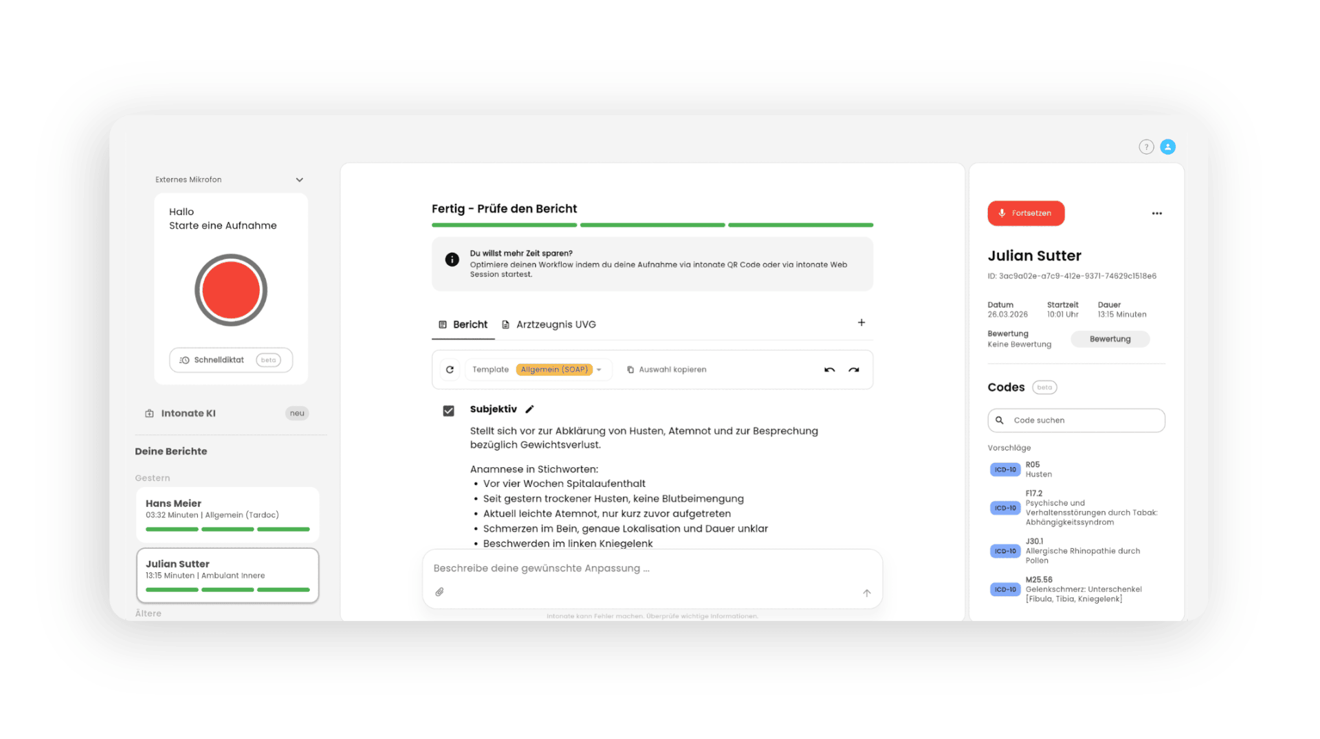 Ein Screenshot eines Dashboards zur Aufgabenverwaltung mit einer Aufnahmetaste auf der linken Seite, detaillierten Angaben zum Aufgabenfortschritt in der Mitte und Benutzerinformationen mit Codes auf der rechten Seite. Das Gesamtdesign ist in Weiß gehalten und mit grauen und roten Akzenten versehen.