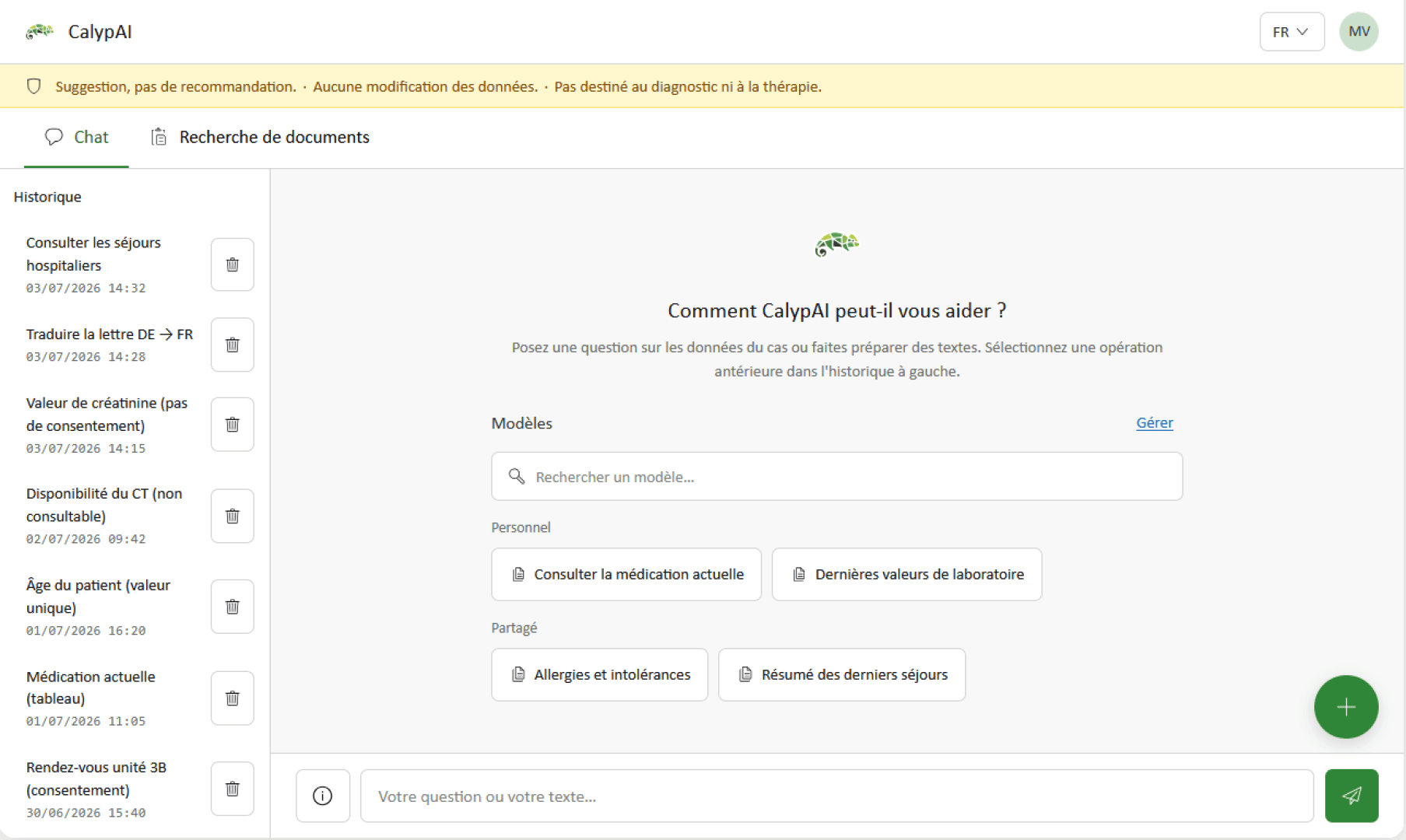 Capture d'écran d'une interface d'IA médicale en français, présentant des options permettant de rechercher des documents, de consulter les séjours hospitaliers et d'analyser les traitements médicamenteux. Des icônes de profil utilisateur et des menus de navigation sont visibles à l'écran.