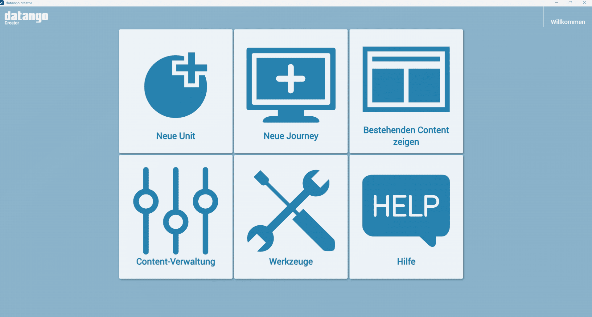 Un tableau de bord logiciel comportant six icônes bleues intitulées « Nouvelle unité », « Nouveau parcours », « Afficher le contenu existant », « Gestion du contenu », « Outils » et « Aide ». Le logo datango et le message « Bienvenue » sont visibles.
