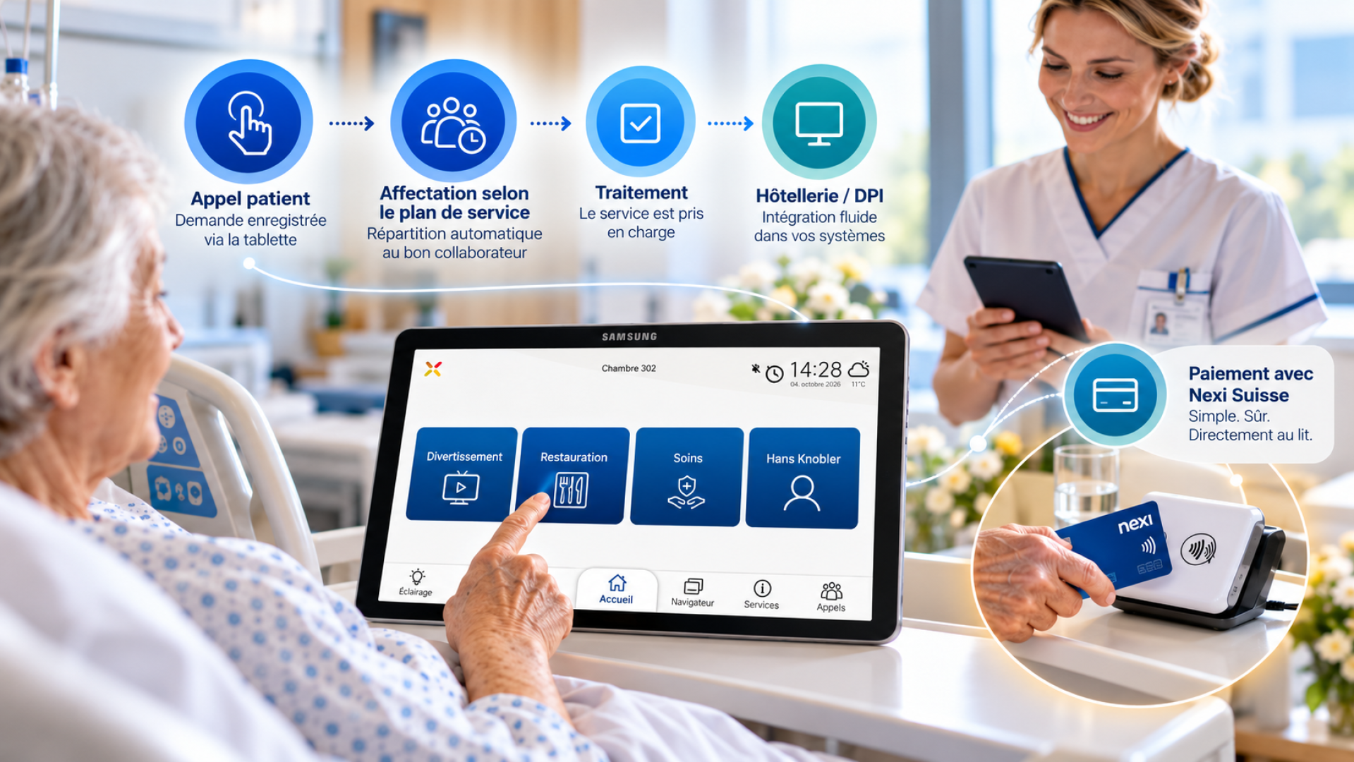Un patient âgé, alité à l'hôpital, utilise une tablette tandis qu'une infirmière se tient à ses côtés ; une image en petit format montre une personne effectuant un paiement sans contact sur un terminal Nexi.