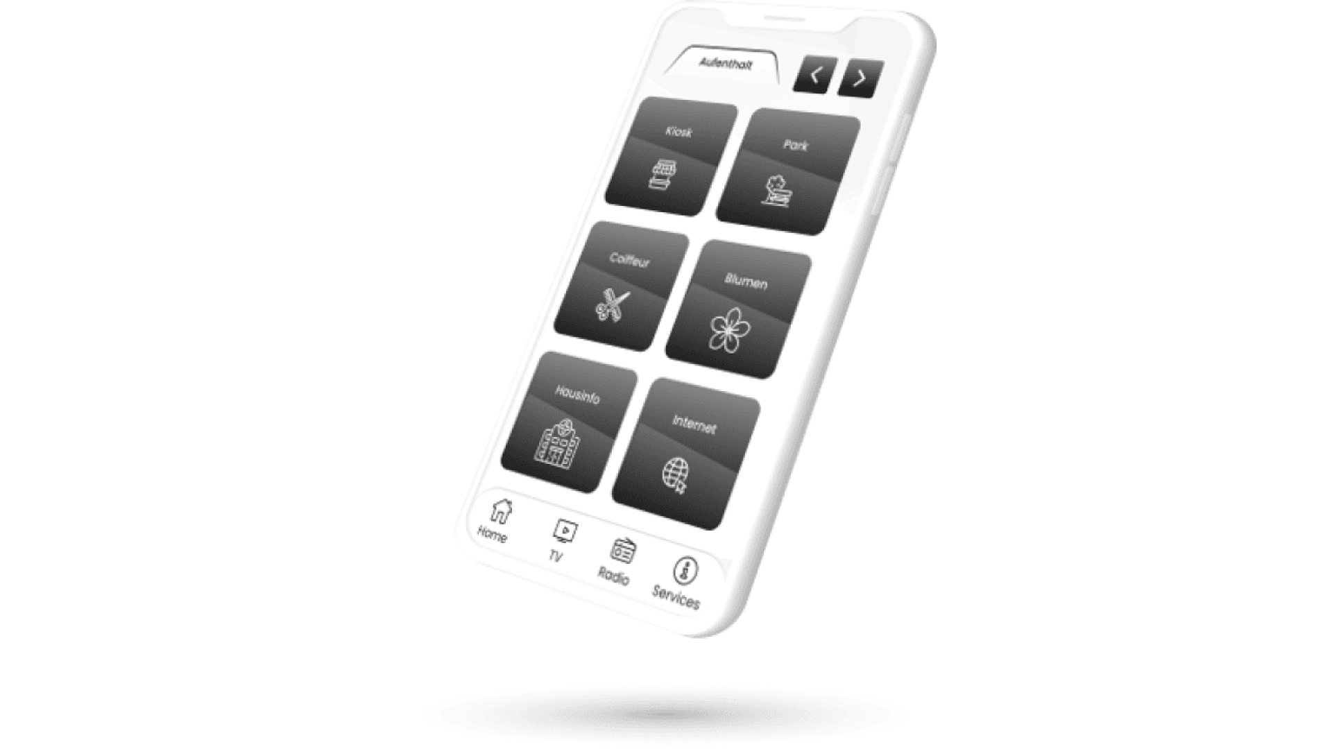 Un smartphone affichant une application en allemand avec des icônes en noir et blanc pour des services tels que kiosque, poste, coiffeur, fleurs, ménage et internet sur l'écran. Le téléphone semble flotter au-dessus d'un fond blanc.