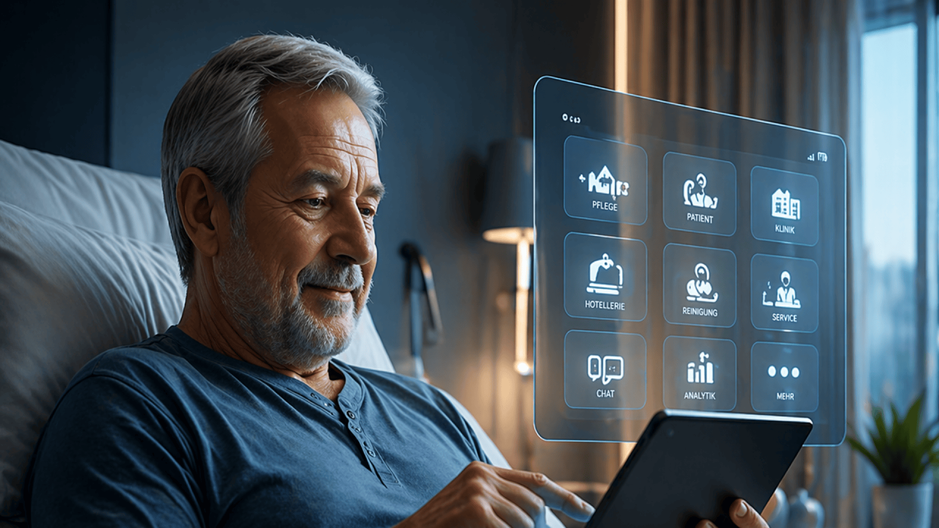 Un homme âgé est assis dans son lit et utilise une tablette, tandis qu'une interface utilisateur numérique transparente, comportant des icônes représentant des offres de soins et de services, flotte devant lui.