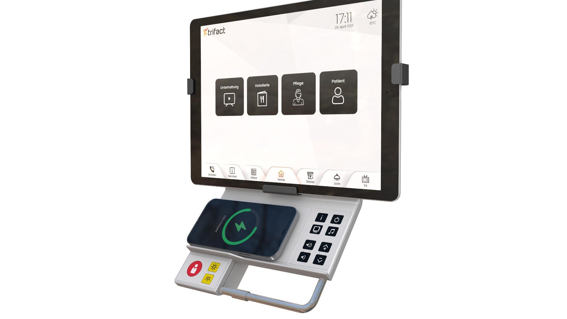 Une tablette montée sur un support affiche une interface médicale. En dessous, un smartphone se recharge sans fil sur une tablette à côté d'un clavier avec des touches numériques et des boutons de fonction.