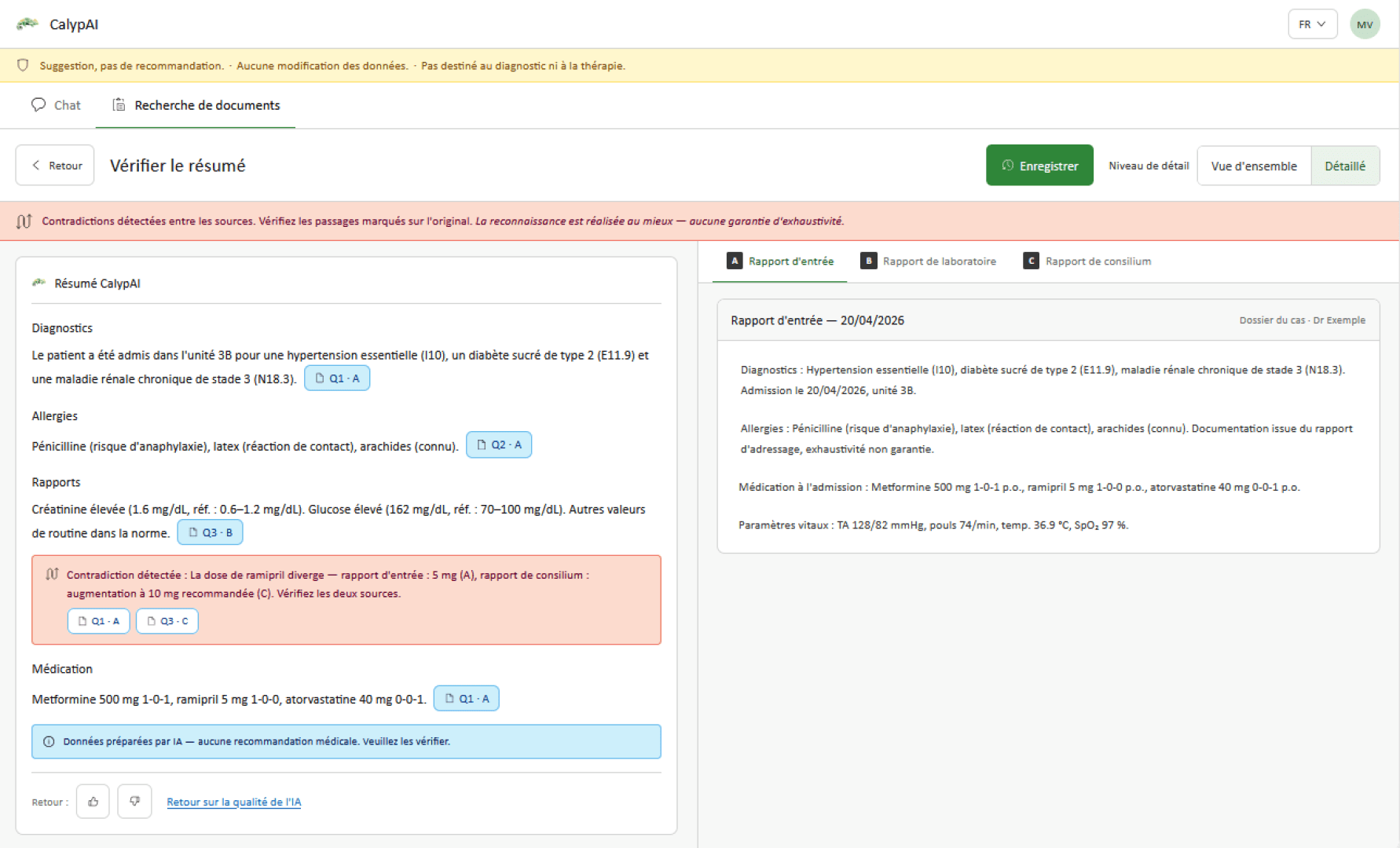 Une interface de synthèse médicale affiche le diagnostic du patient, ses rapports et les détails de son traitement, avec des avertissements mis en évidence concernant les incohérences dans les données, ainsi que des boutons permettant d'enregistrer ou de consulter le document.