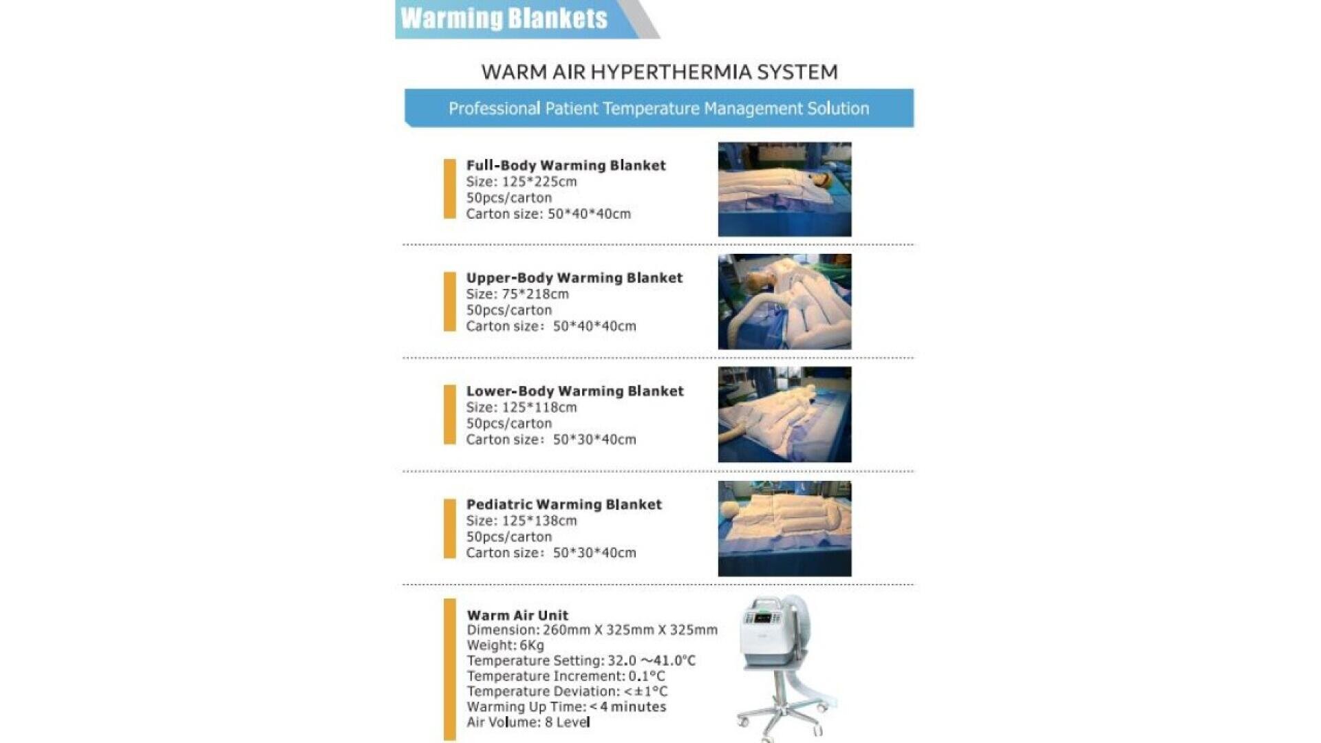 Une fiche d'information sur les produits présentant quatre types de couvertures chauffantes (corps entier, haut du corps, bas du corps, pédiatrique) avec des tailles et des images, ainsi qu'une unité d'air chaud avec des spécifications et une image de l'unité.