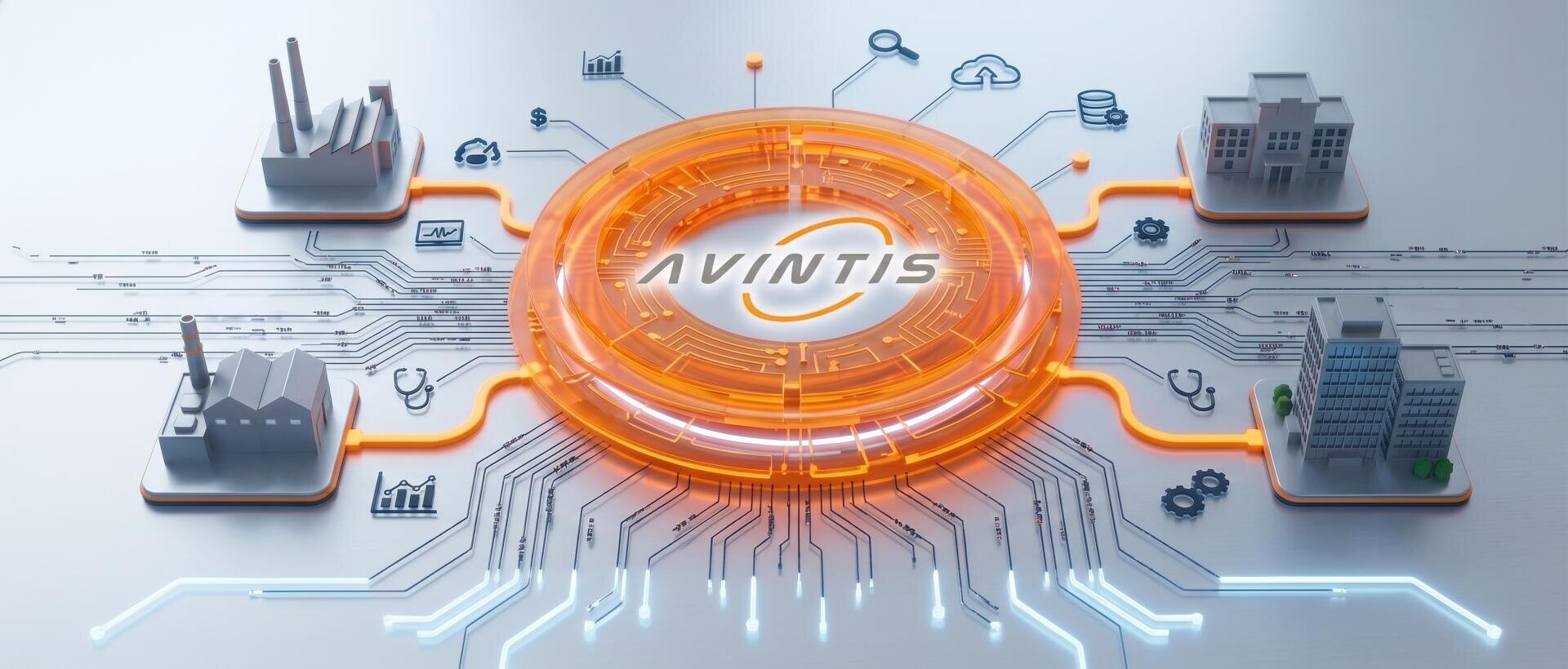 Eine leuchtend orangefarbene, kreisförmige Schnittstelle mit der Aufschrift „AVINTIS“ verbindet verschiedene Industrie- und Geschäftsgebäude und symbolisiert damit Vernetzung und digitale Verbindungen in der Industrie.