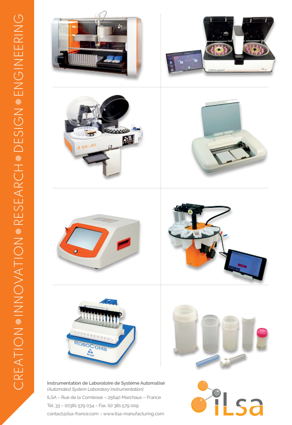 Collage de huit instruments et accessoires de laboratoire automatisés, présentés dans une grille. Sur le côté gauche, un texte orange vertical : "CREATION INNOVATION RESEARCH DESIGN ENGINEERING". Le logo de l'iLSA apparaît en bas à droite.