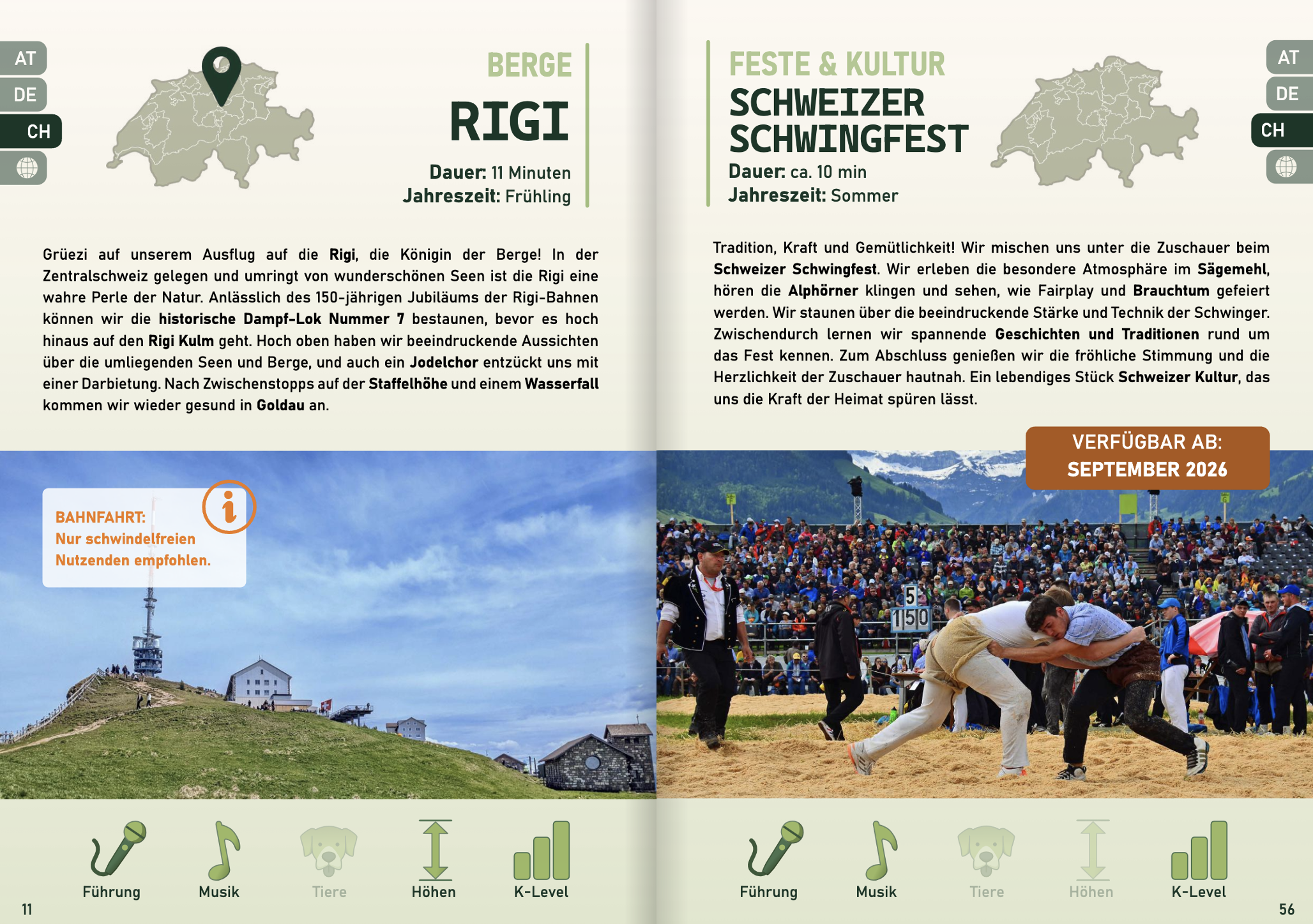 Ein zweiseitiger Reiseführer mit Abschnitten über den Rigi und das Schweizer Schwingfest, einschließlich Beschreibungen, Reisetipps und Fotos der Orte.