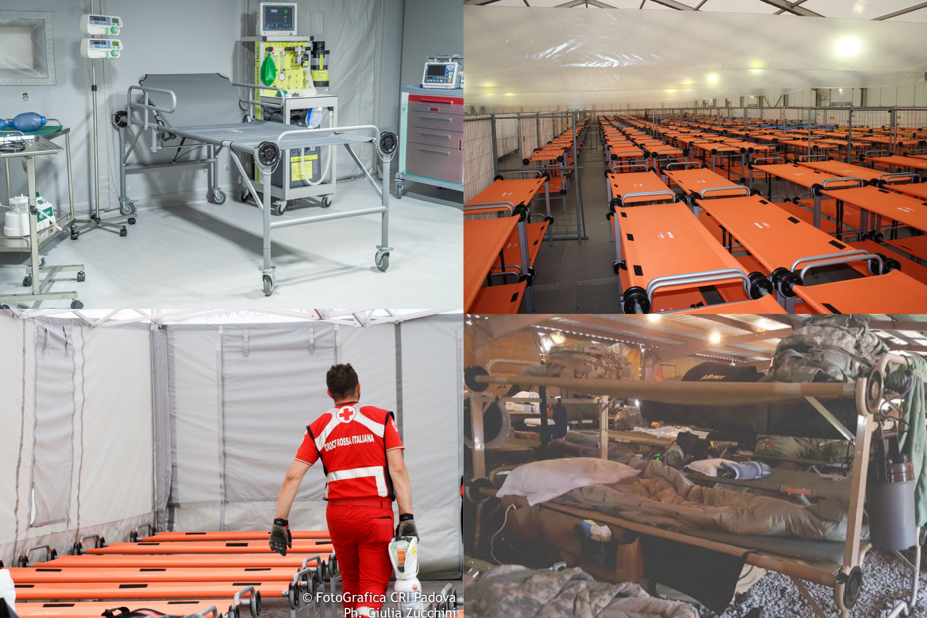 Collage aus vier Bildern: eine medizinische Untersuchungsstation, viele orangefarbene Feldbetten in einem großen Zelt, ein Mitarbeiter des Roten Kreuzes mit Feldbetten und gestapelte Etagenbetten in einer überfüllten Notunterkunft.