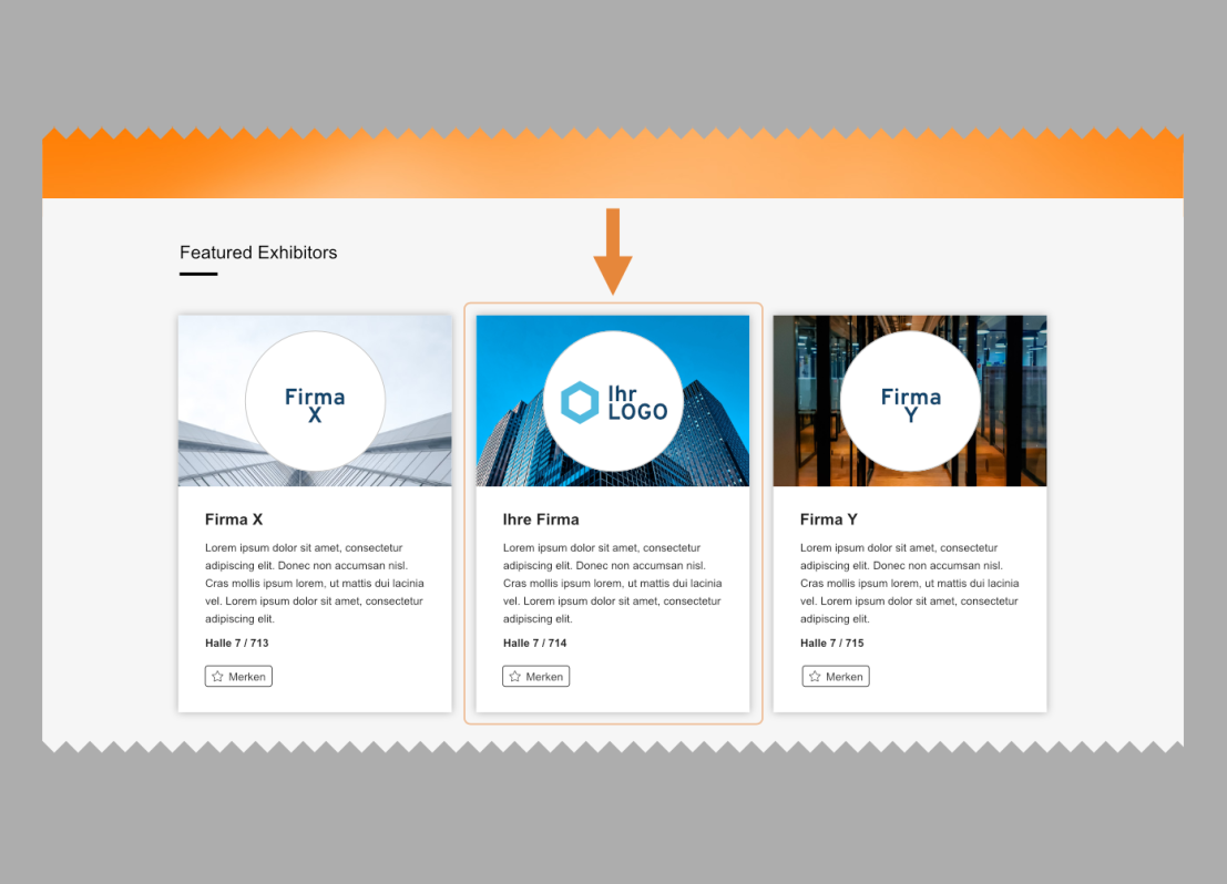 Une section de la page web intitulée Featured Exhibitors présente trois cartes d'exposants. La carte centrale est mise en évidence par une flèche orange et contient un logo hexagonal avec la mention Votre LOGO. Chaque carte contient une brève description de l'entreprise.