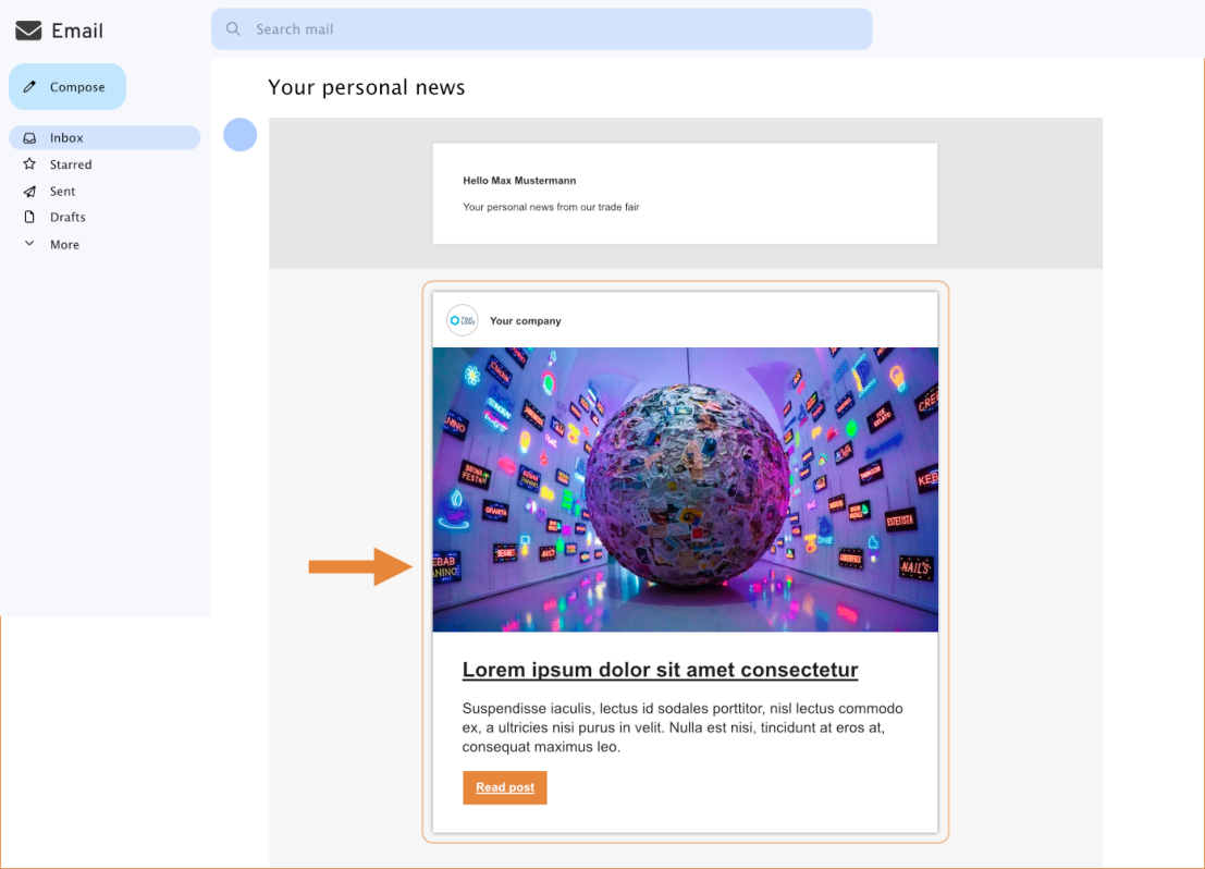 Une interface de messagerie électronique basée sur le web affiche une mise à jour de l'actualité avec un grand globe couvert d'autocollants, entouré d'écrans colorés. Une flèche pointe vers la carte d'actualité, qui comprend un titre, un texte et un bouton "Lire l'article".