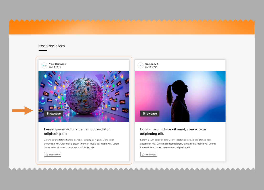 Une section de la page web intitulée "Articles en vedette" affiche deux cartes de blog. La carte de gauche montre un globe entouré d'écrans numériques ; la carte de droite montre la silhouette d'une femme sur un fond coloré. Une flèche orange pointe vers la carte de gauche.