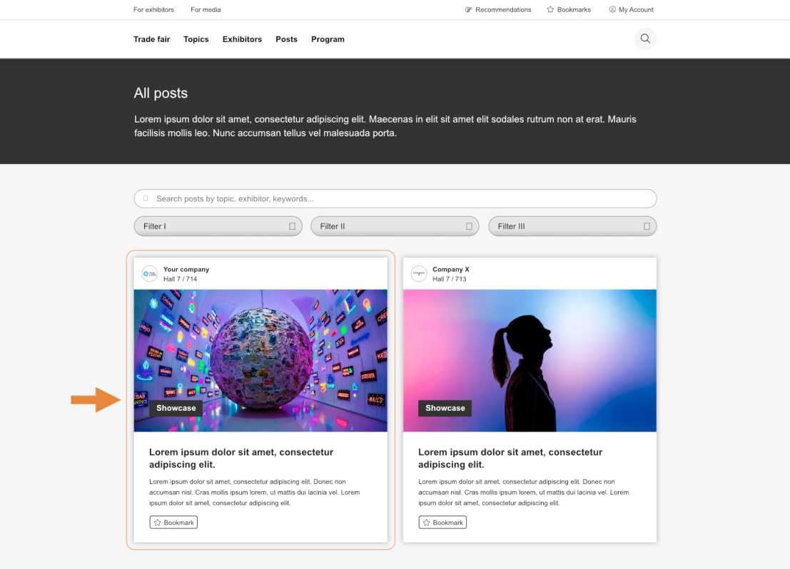 Une page web affichant une liste de messages. Le premier message est mis en évidence par une flèche orange. Il représente un grand globe entouré d'écrans colorés, intitulés Showcase. Le deuxième message montre une personne en silhouette et n'est pas mis en évidence.