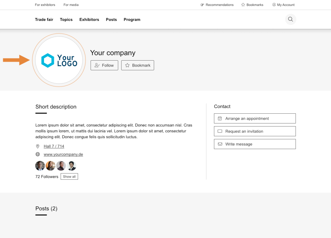 Une page de profil d'entreprise comportant un logo à gauche, le nom de l'entreprise Votre entreprise, des boutons pour suivre ou mettre en signet, une description fictive, des options de contact et un nombre de 72 followers au bas de la page.
