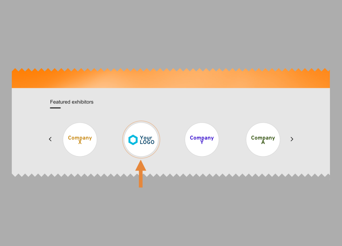 Un carrousel présentant les exposants en vedette, avec quatre logos circulaires d'entreprises. Le logo central, intitulé "Votre logo", est mis en évidence par une flèche orange pointant vers lui. L'arrière-plan est gris clair avec une bordure orange dégradée.