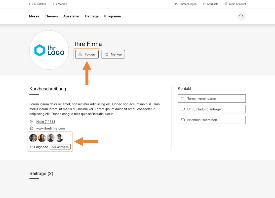 Capture d'écran d'une page de profil d'entreprise montrant un logo d'entreprise, un nom, des boutons de suivi et d'enregistrement, une courte description, des options de contact et une section affichant les abonnés avec une flèche mettant en évidence le bouton « Alle anzeigen ».