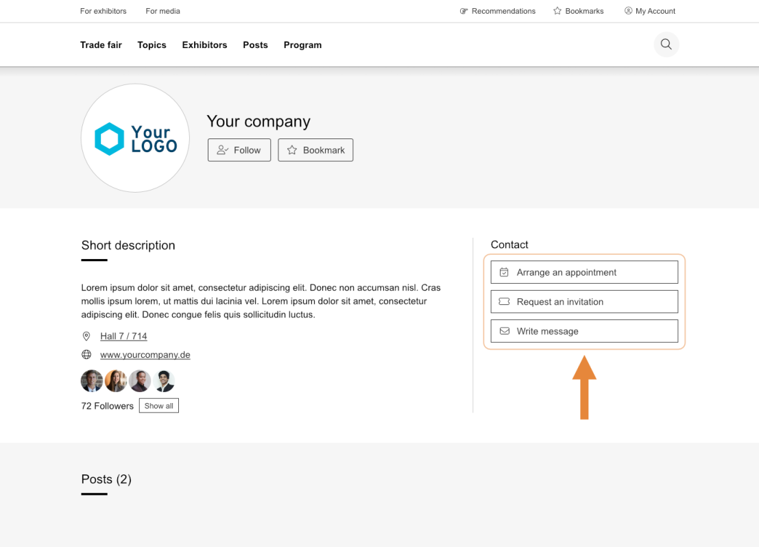 Une page de profil d'entreprise affichant un logo, une brève description, des options de contact et des boutons permettant de prendre rendez-vous, de demander une invitation ou d'écrire un message. Une flèche orange pointe vers le bouton Écrire un message.