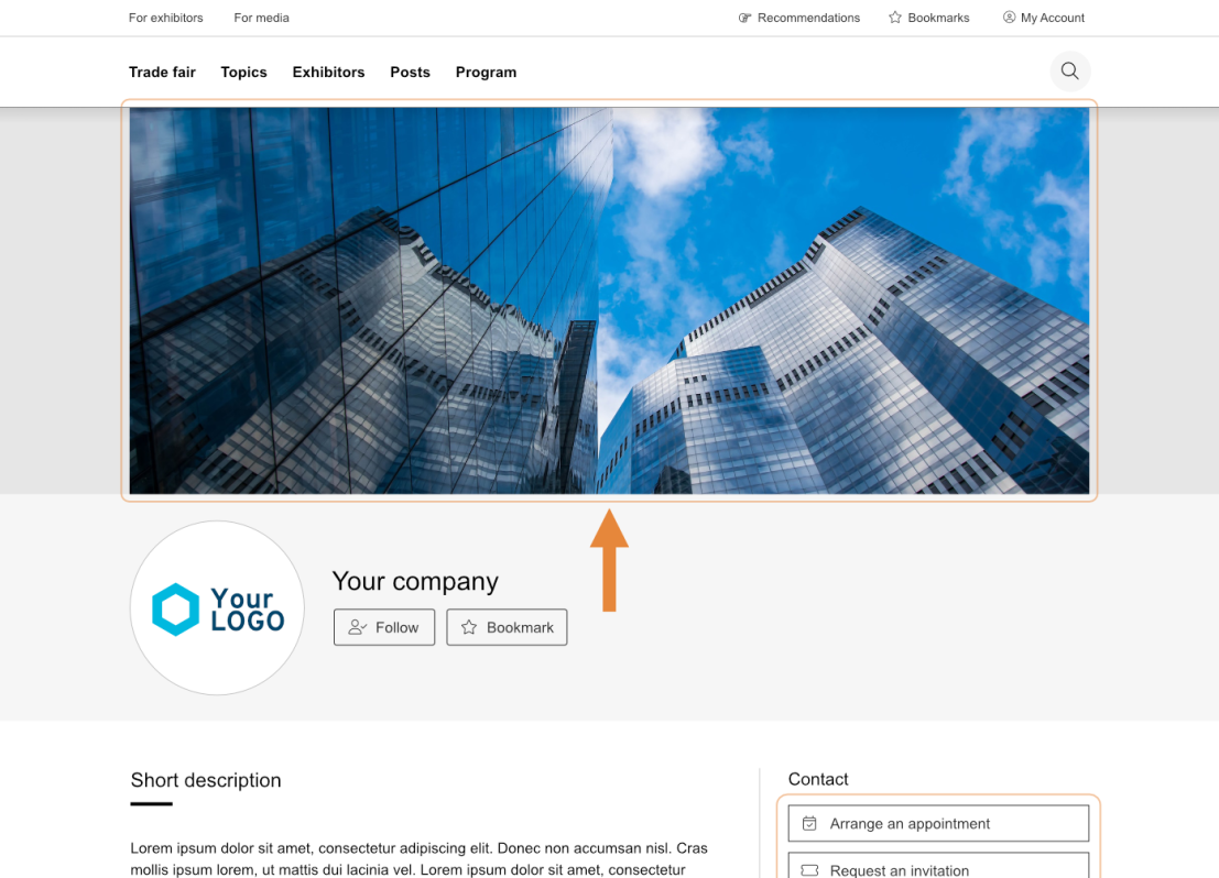 La page de profil d'un site web montre une grande photo de grands bâtiments modernes en verre reflétant le ciel. En dessous se trouvent un logo, le nom de l'entreprise, des boutons pour suivre et mettre en signet, ainsi que des sections pour la description et les informations sur l'entreprise.