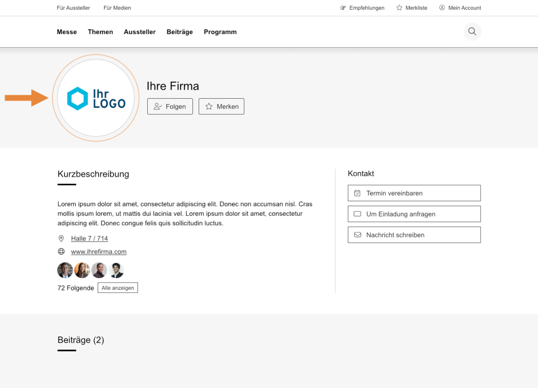 Page de profil d'entreprise sur un site web, affichant un logo à gauche, le nom de l'entreprise « Ihre Firma », des boutons de réseaux sociaux, une courte description, des options de contact et des statistiques d'abonnés. Une flèche orange pointe vers le logo.