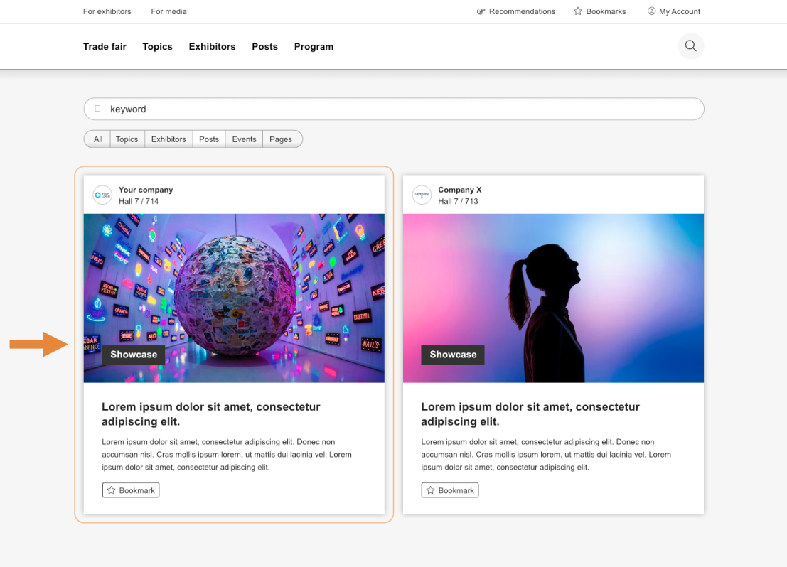 Une page web affiche les profils des exposants. Le premier profil représente un globe illuminé entouré d'écrans numériques, avec une flèche orange pointant vers lui. Le second profil montre la silhouette d'une personne sur fond de lumières colorées.