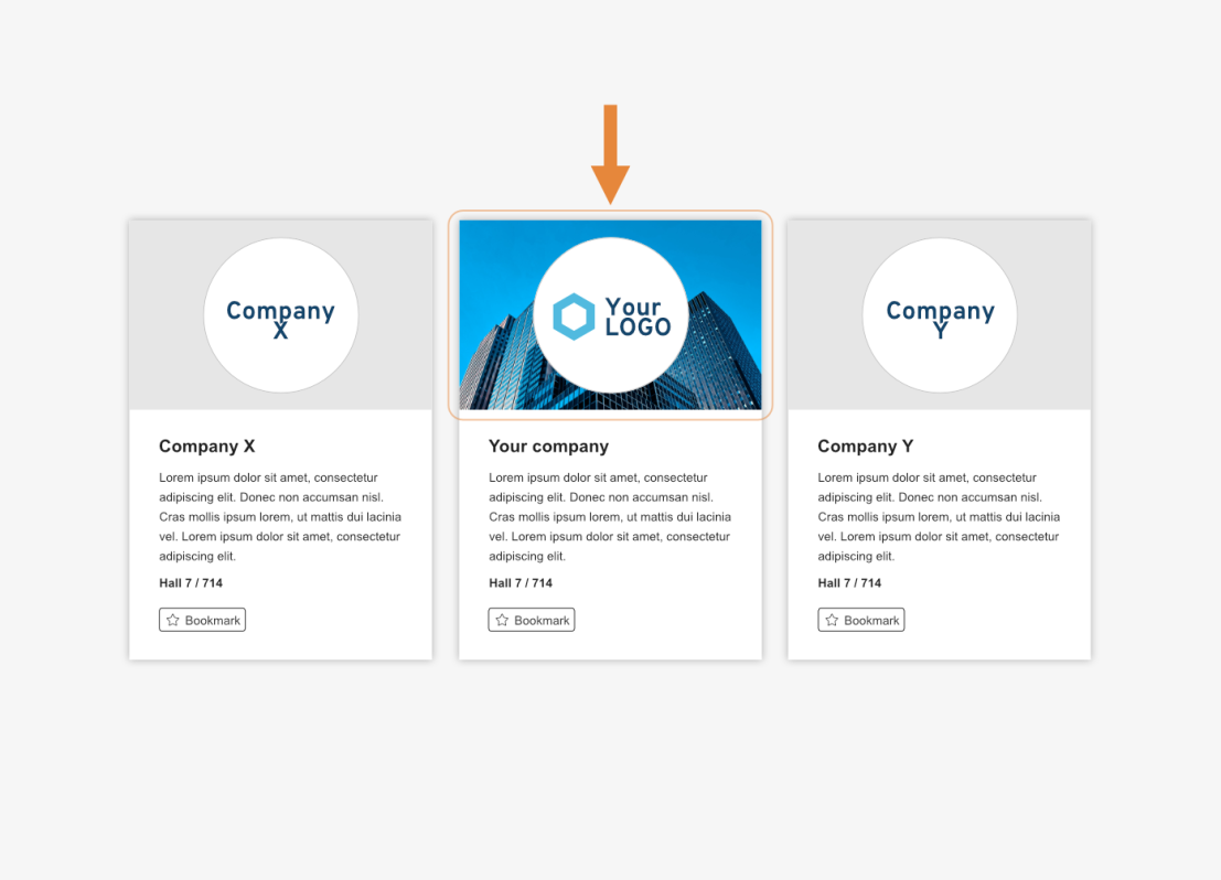 Trois fiches d'entreprise sont présentées côte à côte. La carte centrale est mise en évidence par une flèche orange. Elle comporte un logo bleu, le nom de l'entreprise et une description de l'échantillon. Les fiches de gauche et de droite sont grisées.