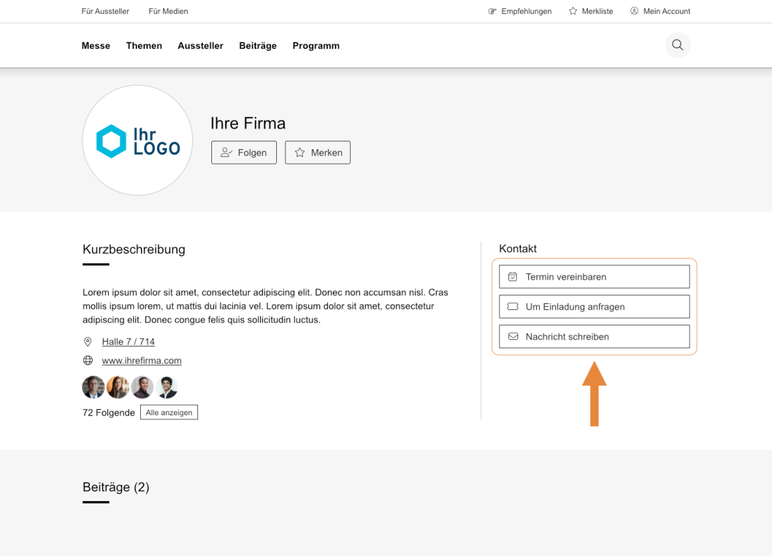 Une page de profil d'entreprise en allemand montrant un logo, une brève description, des coordonnées, des liens vers les réseaux sociaux et une flèche orange pointant vers un bouton intitulé Nachricht schreiben (Envoyer un message).