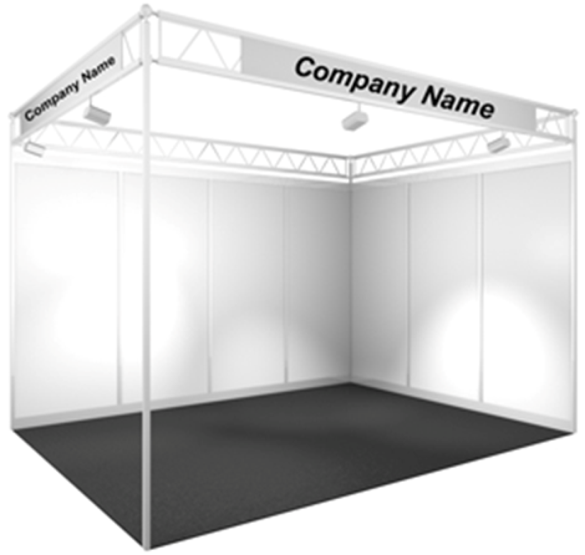 Ein leerer Messestand mit weißen Wänden, grauem Teppich und Overhead-Rahmen. Der Firmenname wird auf Bannern am oberen Rand angezeigt und kann individuell angepasst werden. Der Raum ist leer und gut beleuchtet.