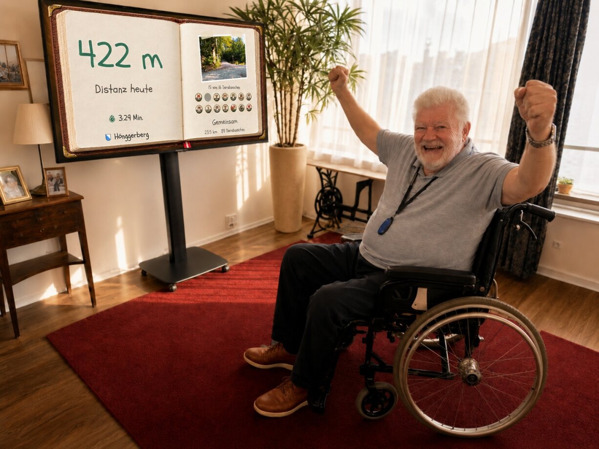 Un homme âgé en fauteuil roulant lève les bras en signe de joie tout en regardant un grand écran numérique sur lequel s'affichent une distance parcourue de 422 m ainsi que la photo d'un sentier forestier.