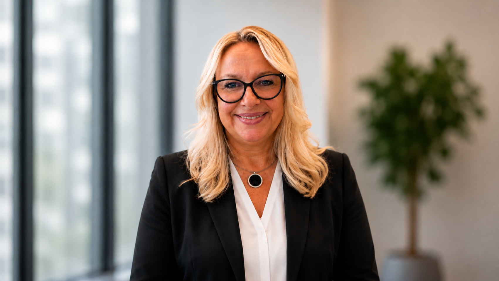 Eine Frau mit langen blonden Haaren und Brille, die einen schwarzen Blazer und ein weisses Oberteil trägt, steht lächelnd in einem modernen Büro mit grossen Fenstern und einer Topfpflanze im Hintergrund.