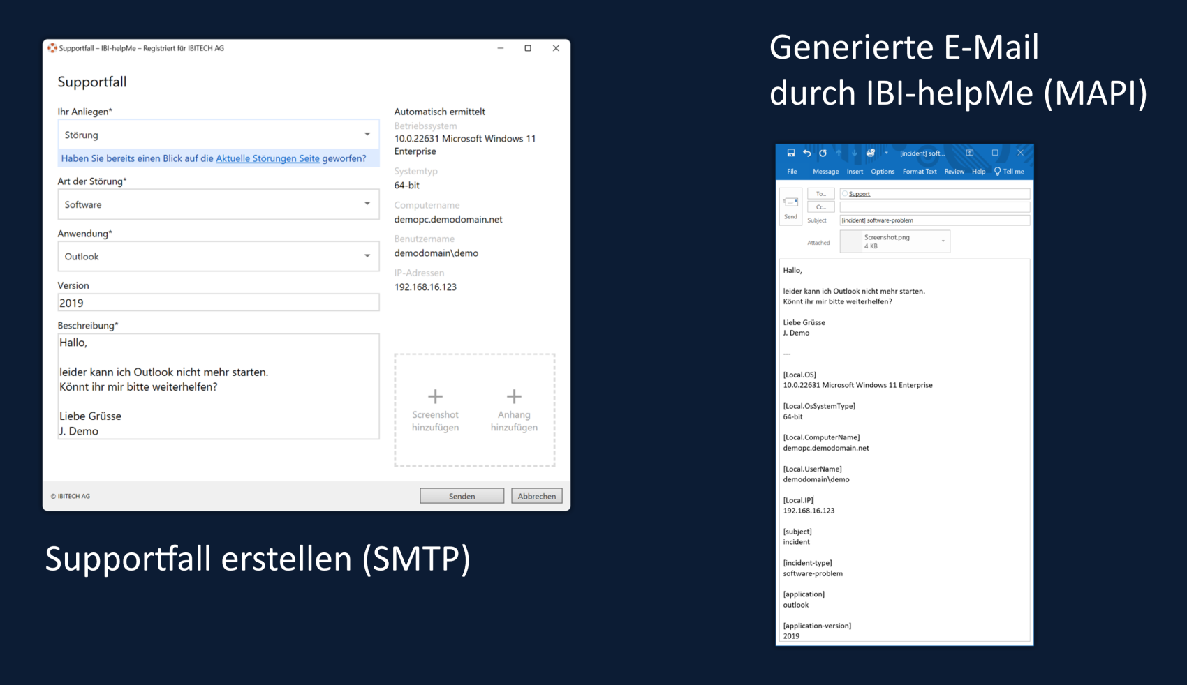 Screenshot, der links ein Support-Ticket-Formular auf Deutsch und rechts einen generierten E-Mail-Entwurf zeigt, wobei die Abläufe zur Erstellung eines Support-Tickets (SMTP) und zur Generierung einer E-Mail (MAPI) hervorgehoben sind.