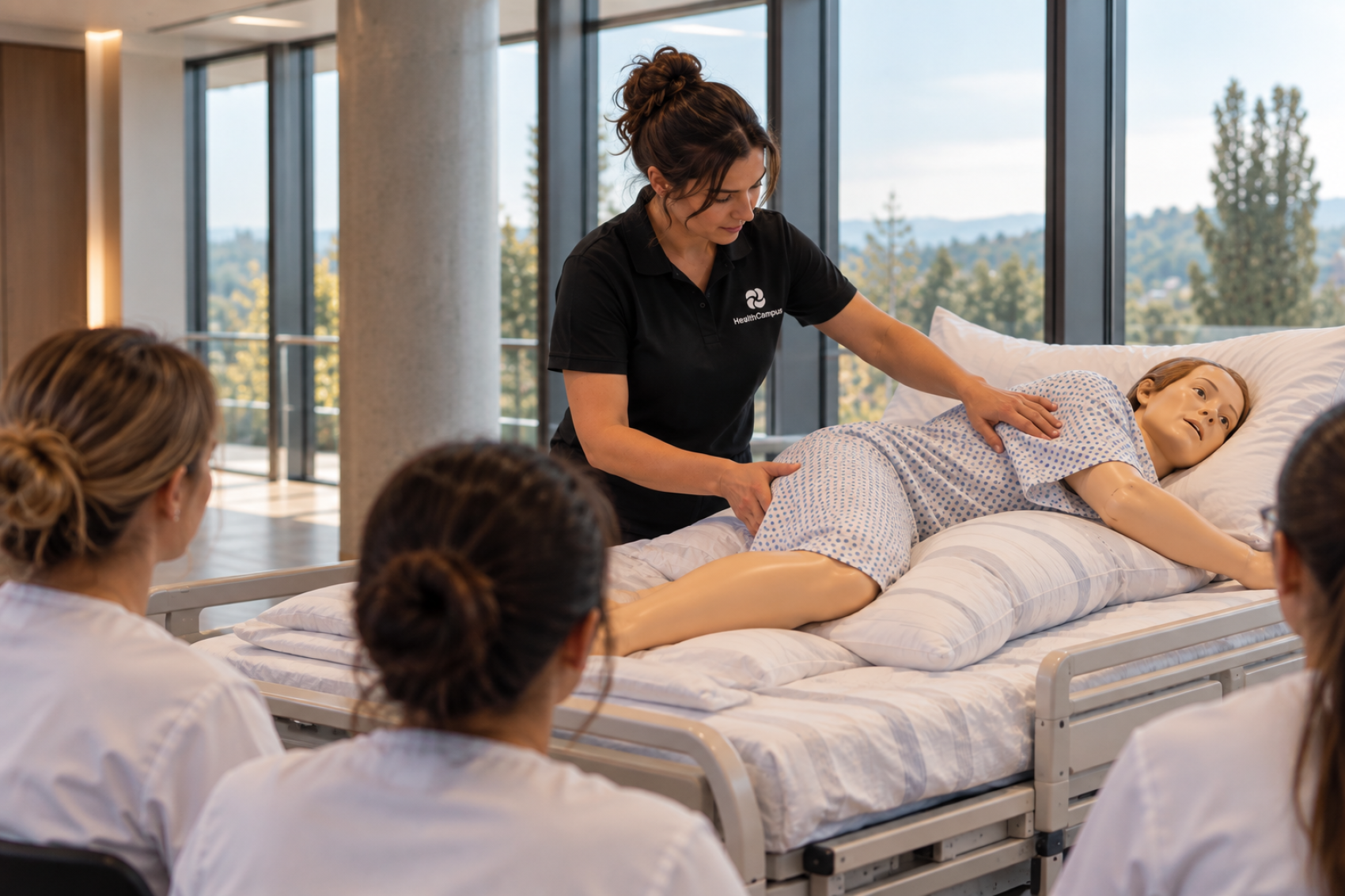 Un formateur montre à des étudiants en soins infirmiers comment positionner un mannequin médical dans un lit d'hôpital.